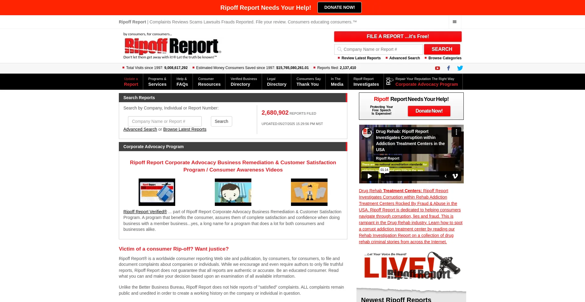Website screenshot of Ripoffreport.com