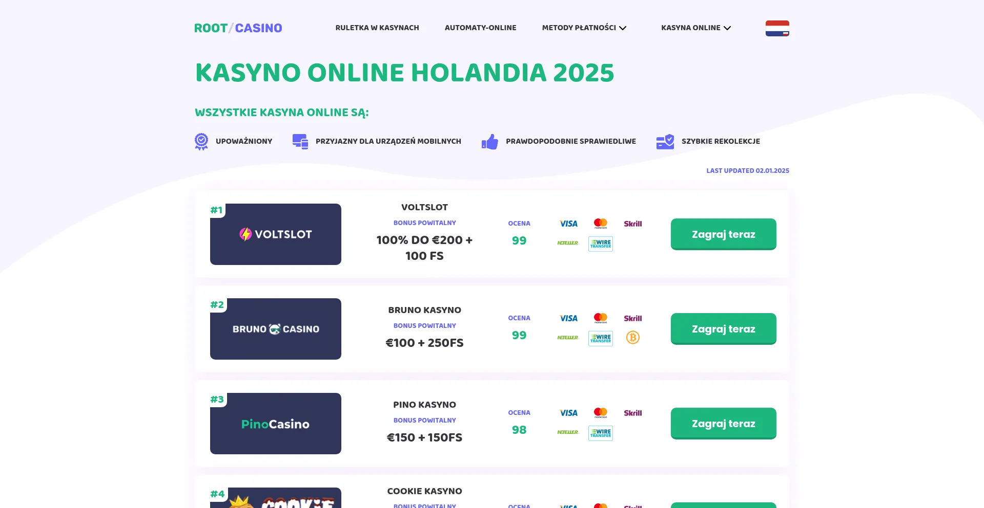 Website screenshot of Rootkasyno.nl