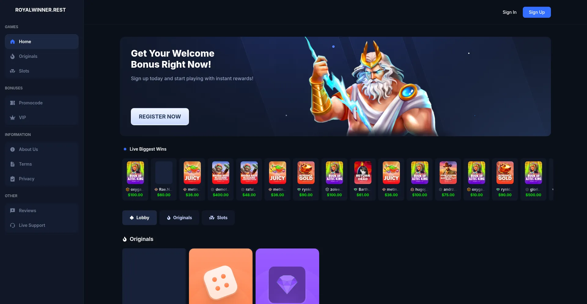 Website screenshot of Royalwinner.rest