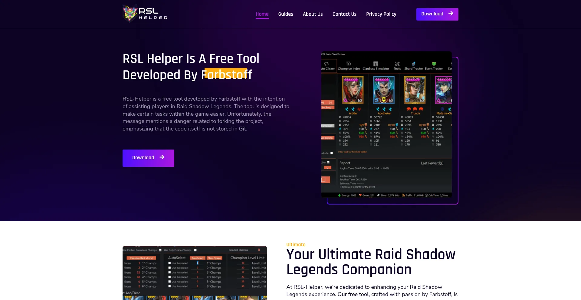 Website screenshot of Rslhelper.com