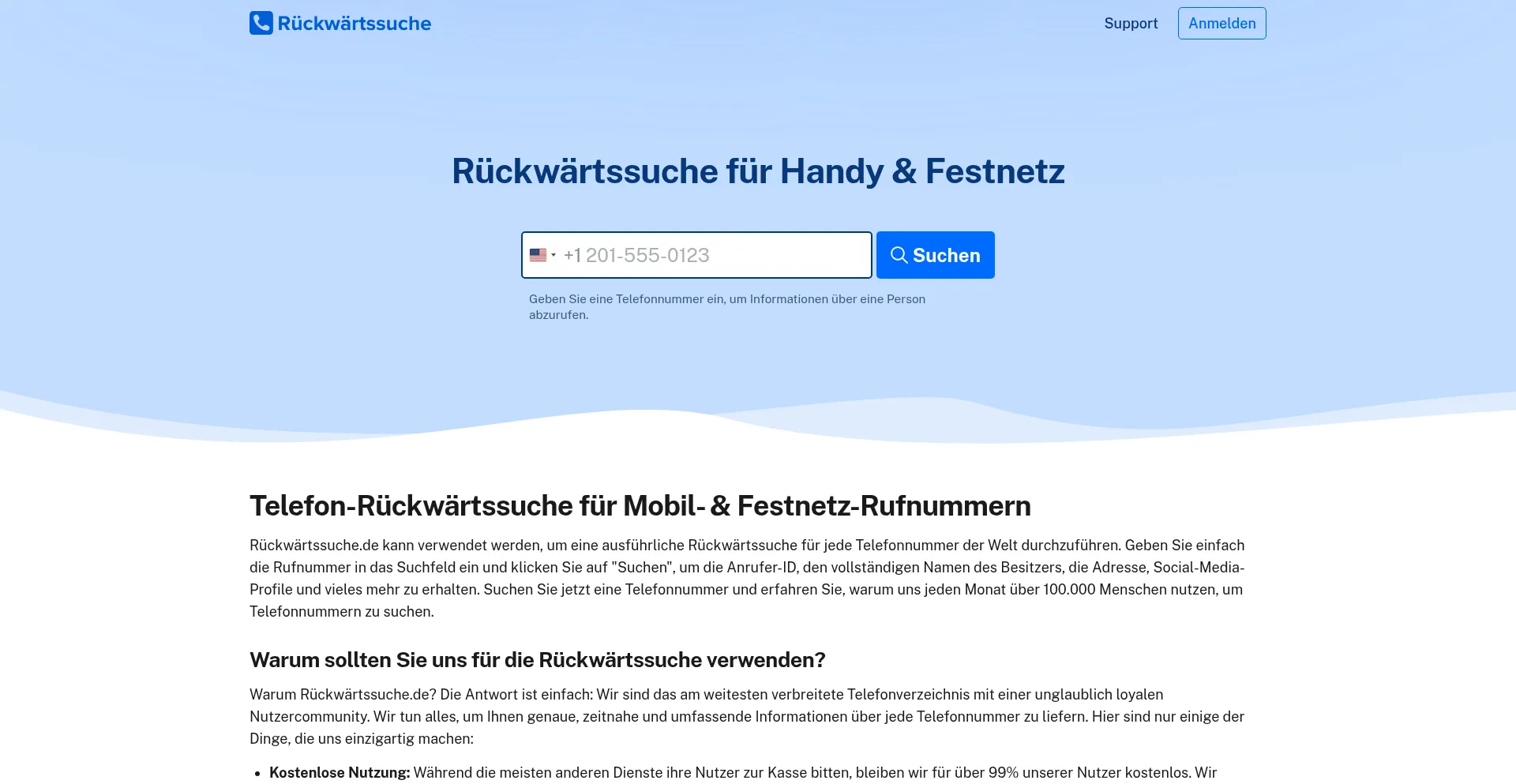 Website screenshot of Rueckwaertssuche.de