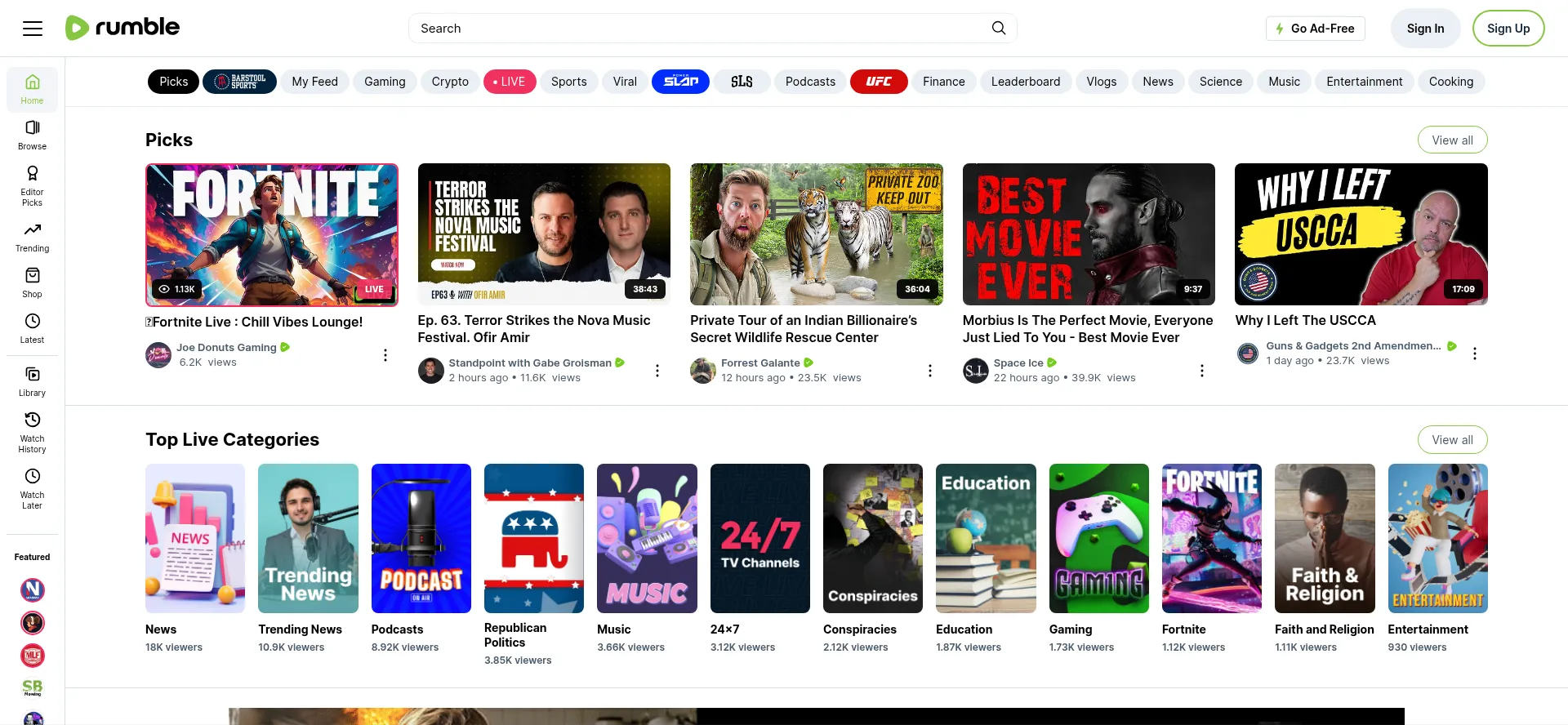 Website screenshot of Rumble.com