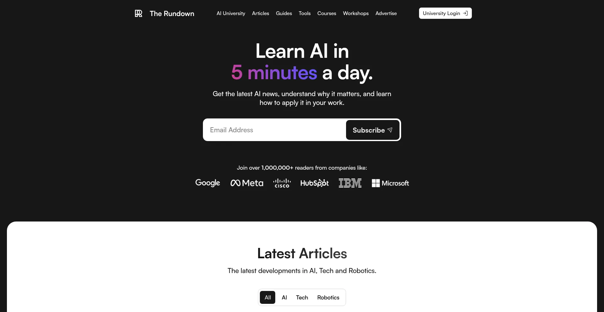 Website screenshot of Rundown.ai