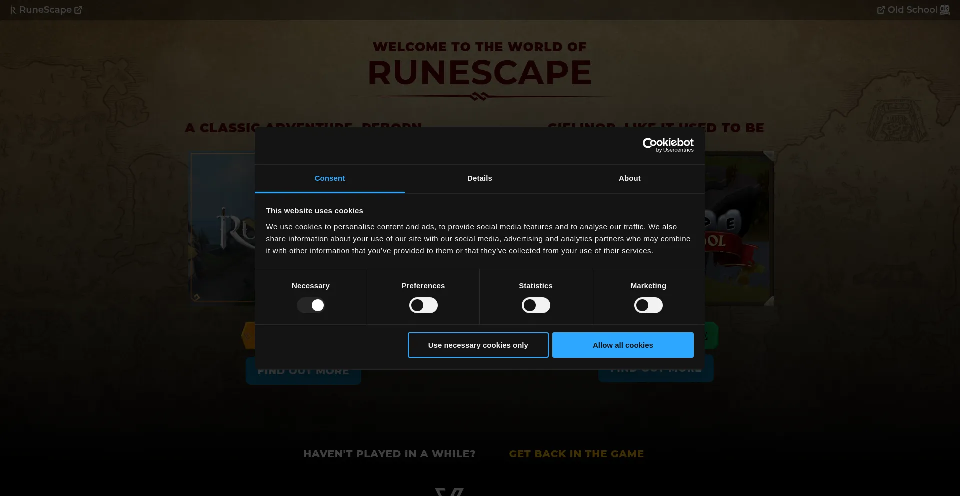 Website screenshot of Runescape.com