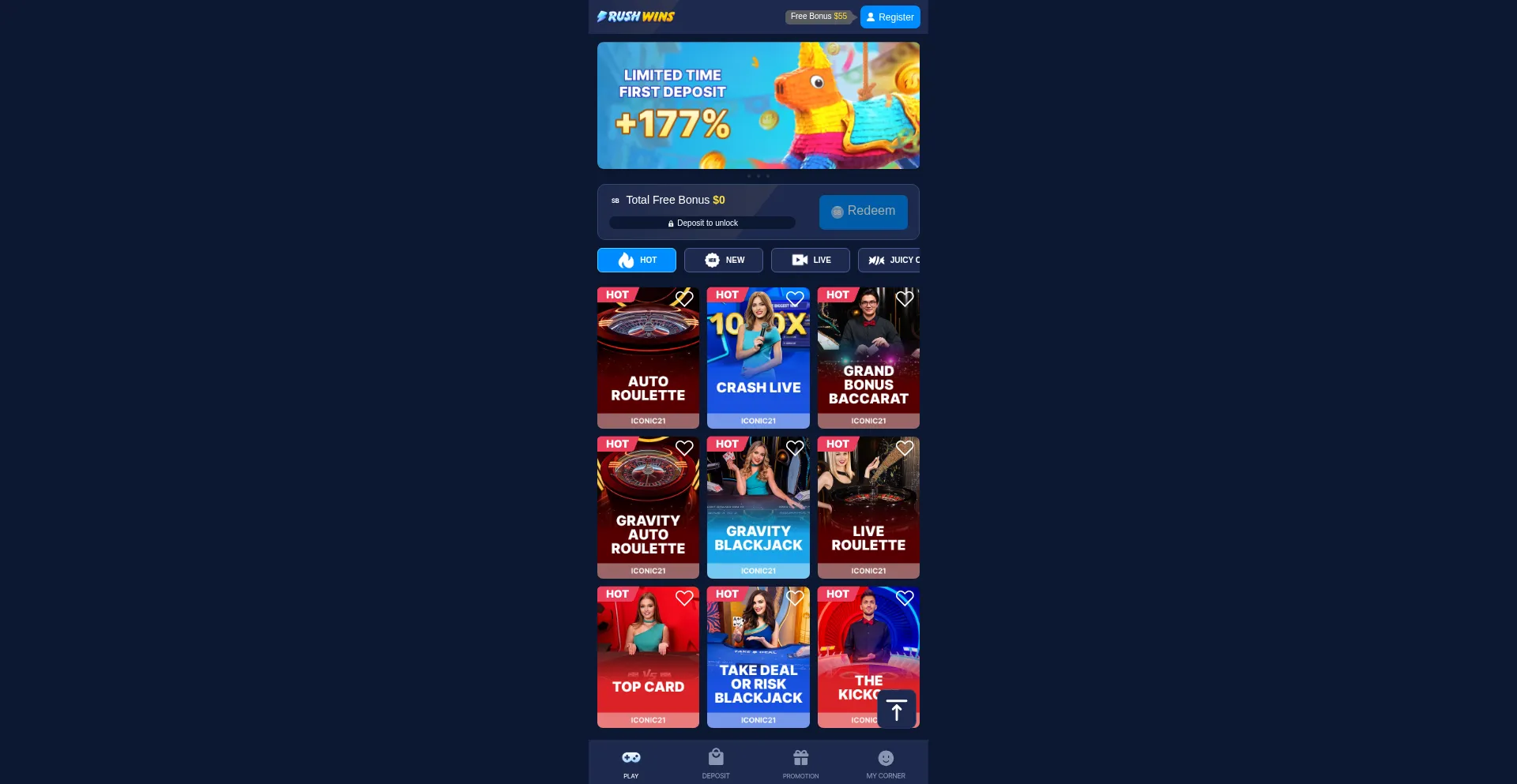 Website screenshot of Rushwins.com