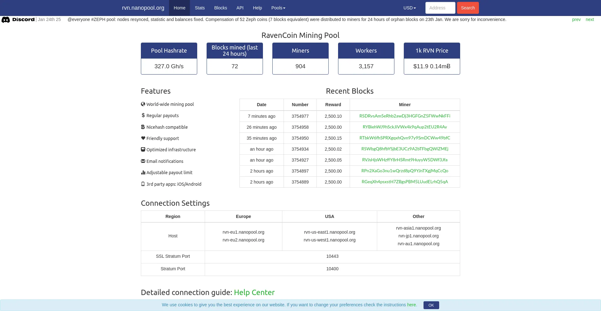 Website screenshot of Rvn.nanopool.org