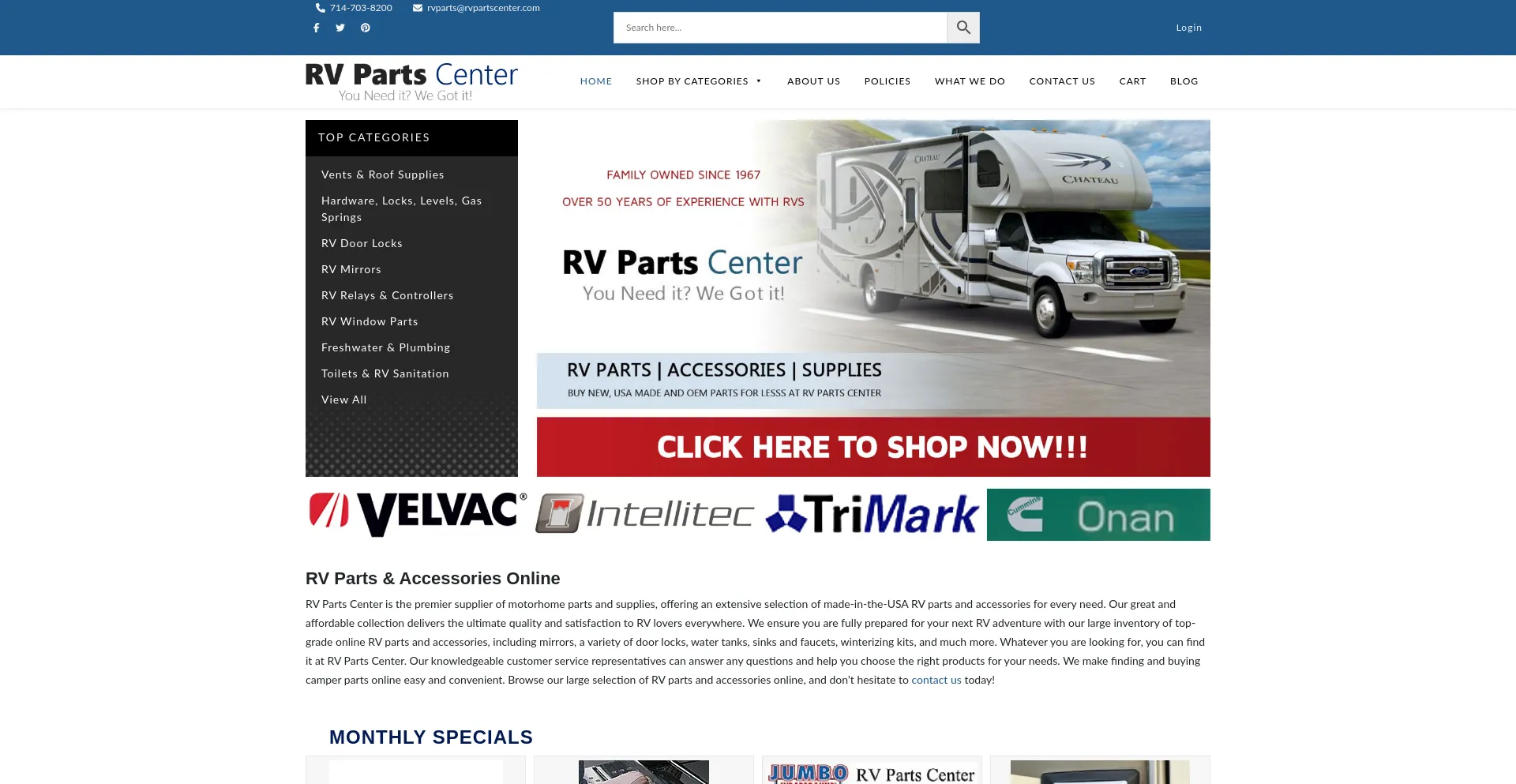 Website screenshot of Rvpartscenter.com