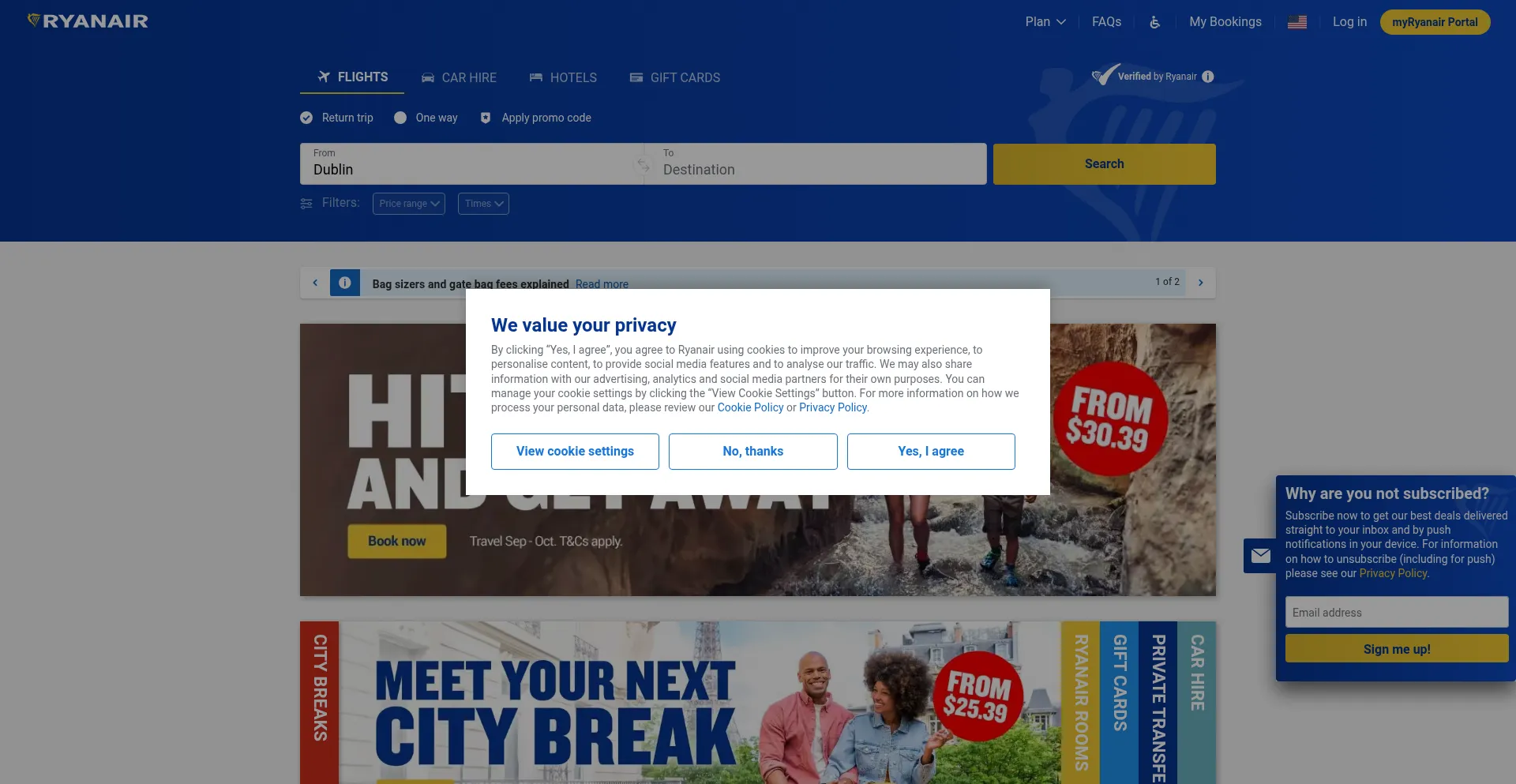 Website screenshot of Ryanair.com