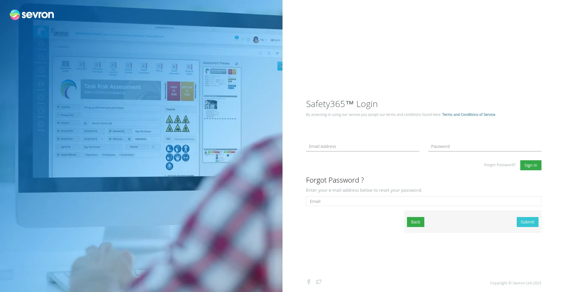Website screenshot of Safety365.sevron.co.uk