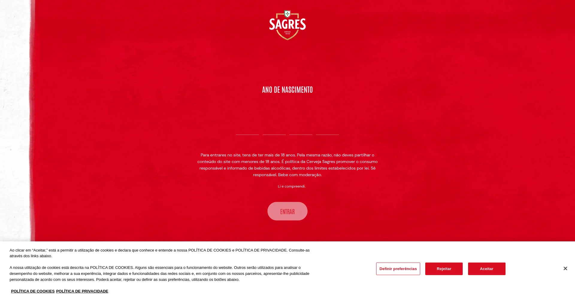 Website screenshot of Sagres.pt