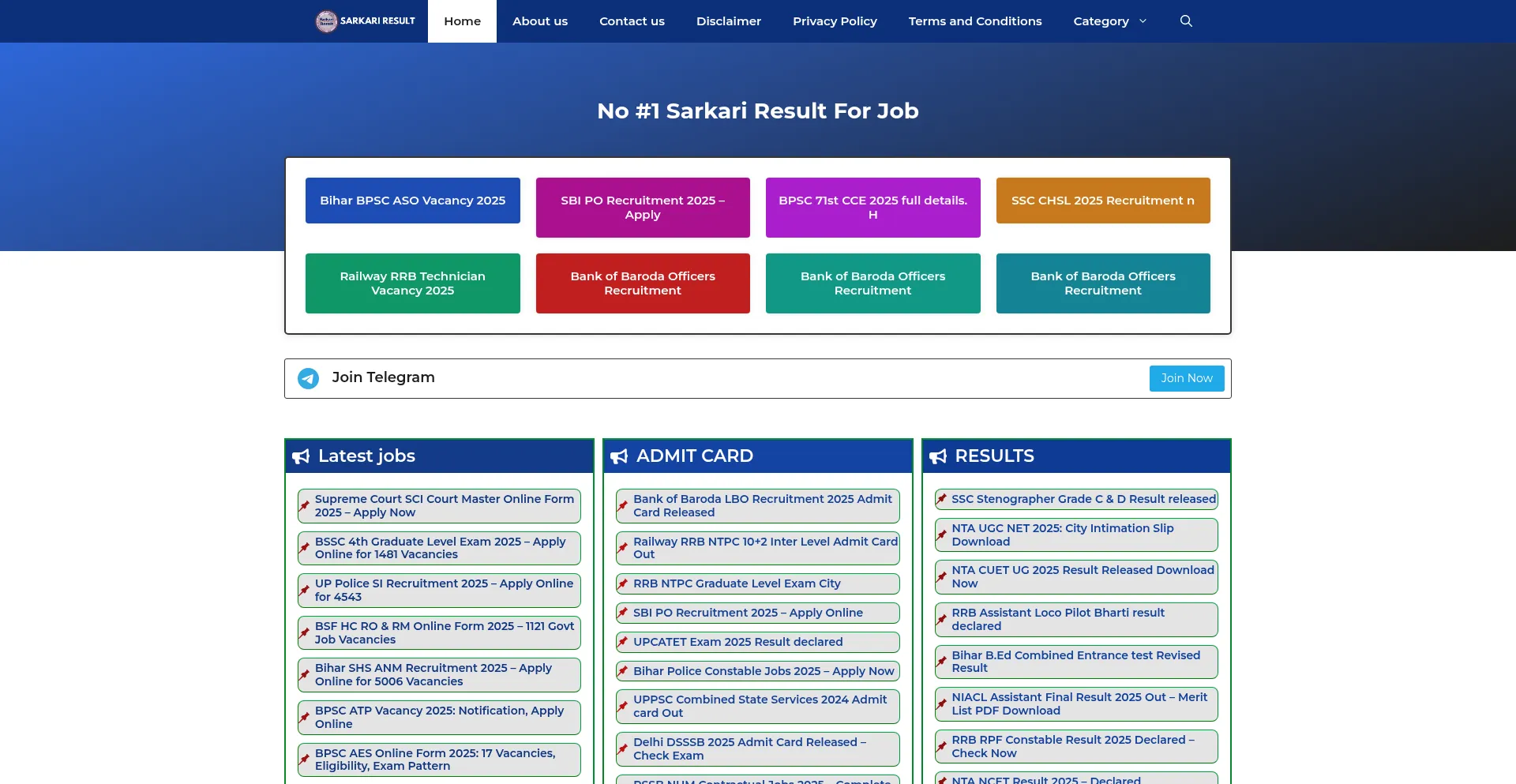 Website screenshot of Sarkariesult.com