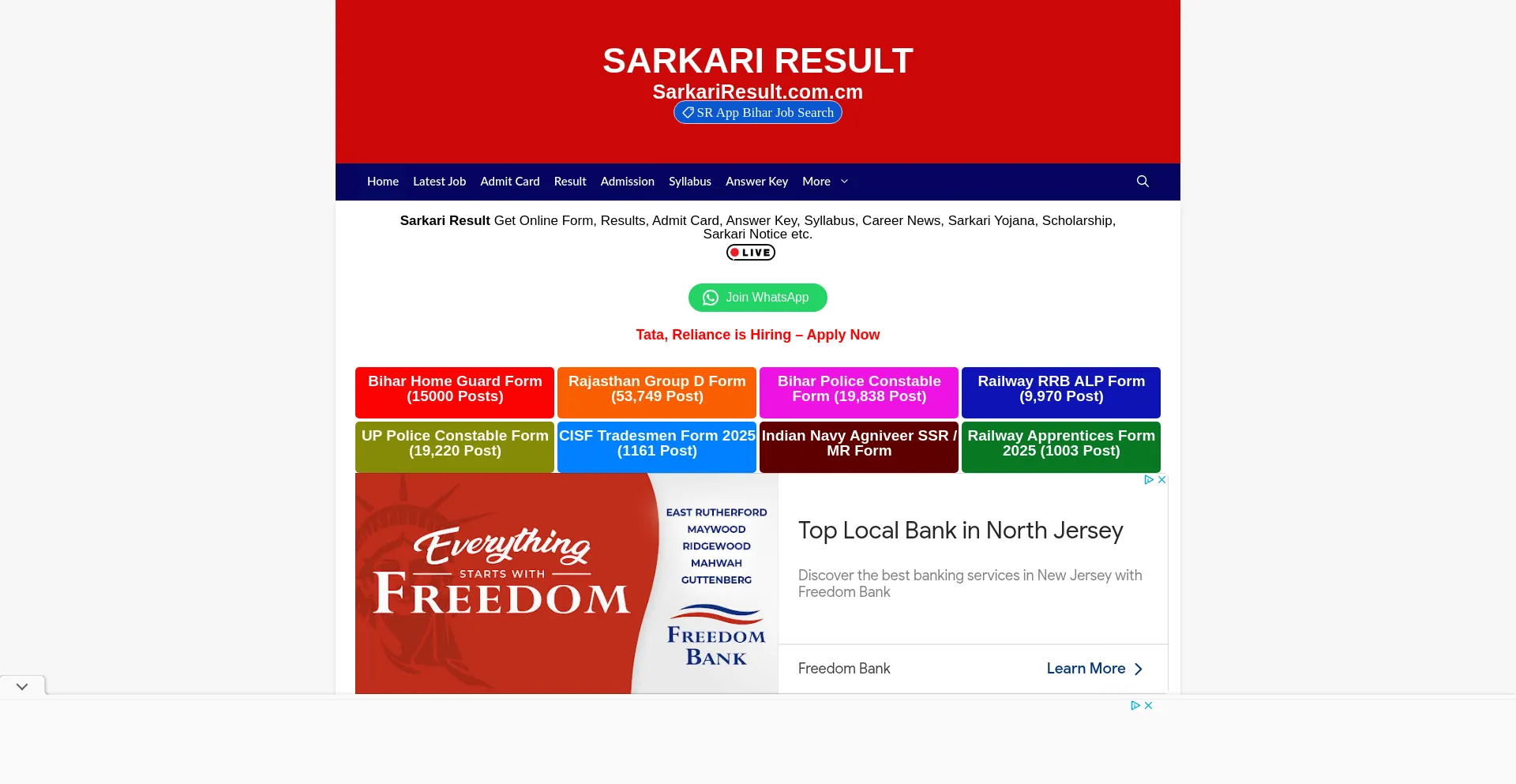 Website screenshot of Sarkariresult.com.cm