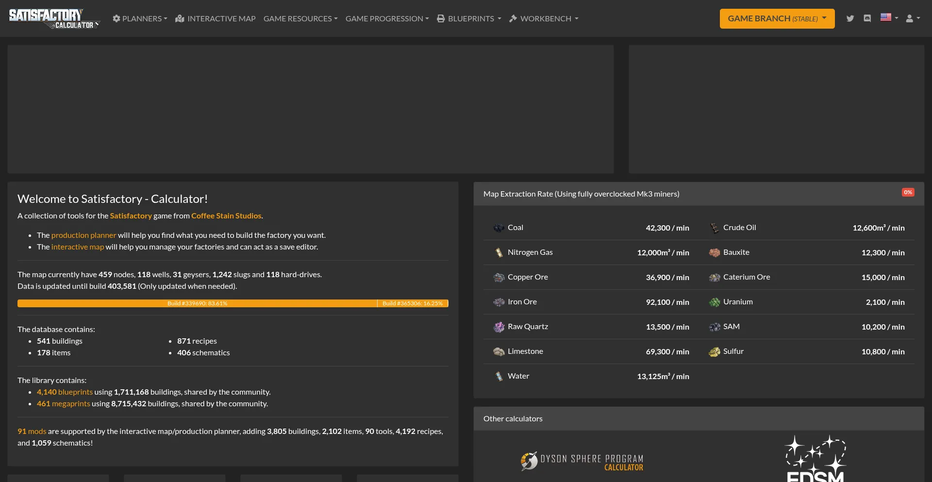 Website screenshot of Satisfactory-calculator.com