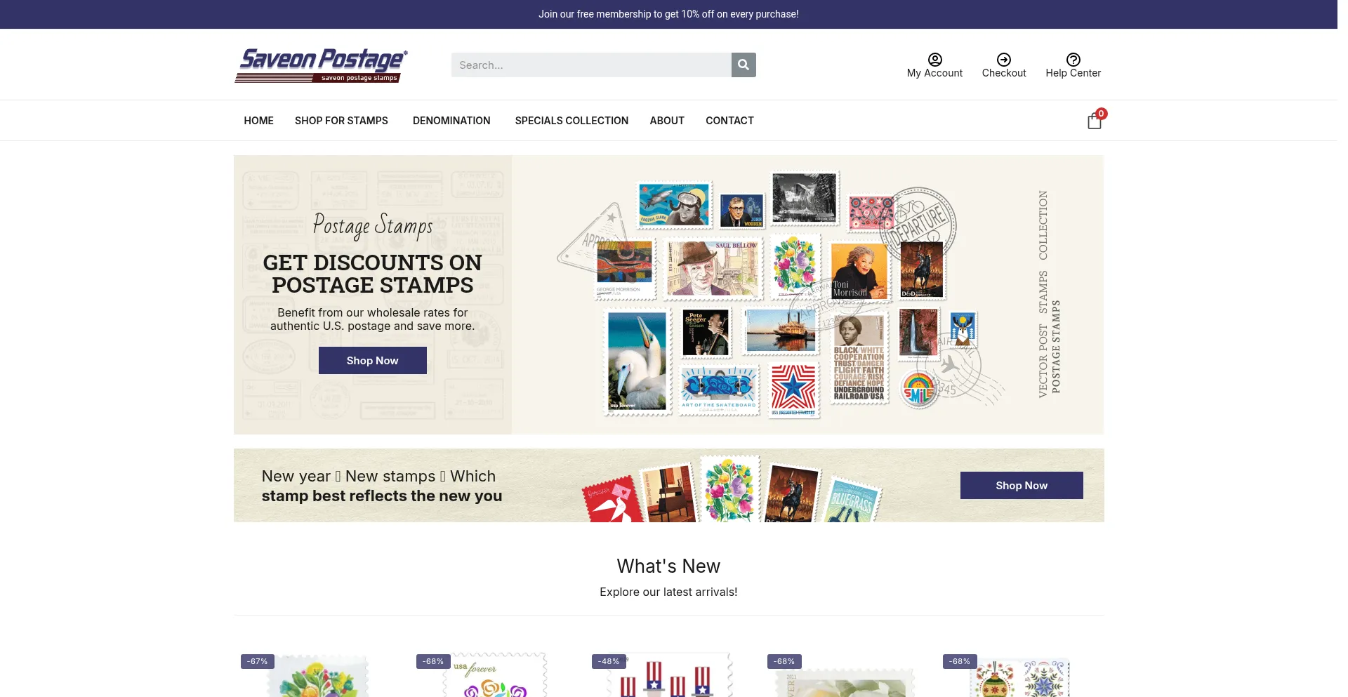 Website screenshot of Saveonpostagestamps.com