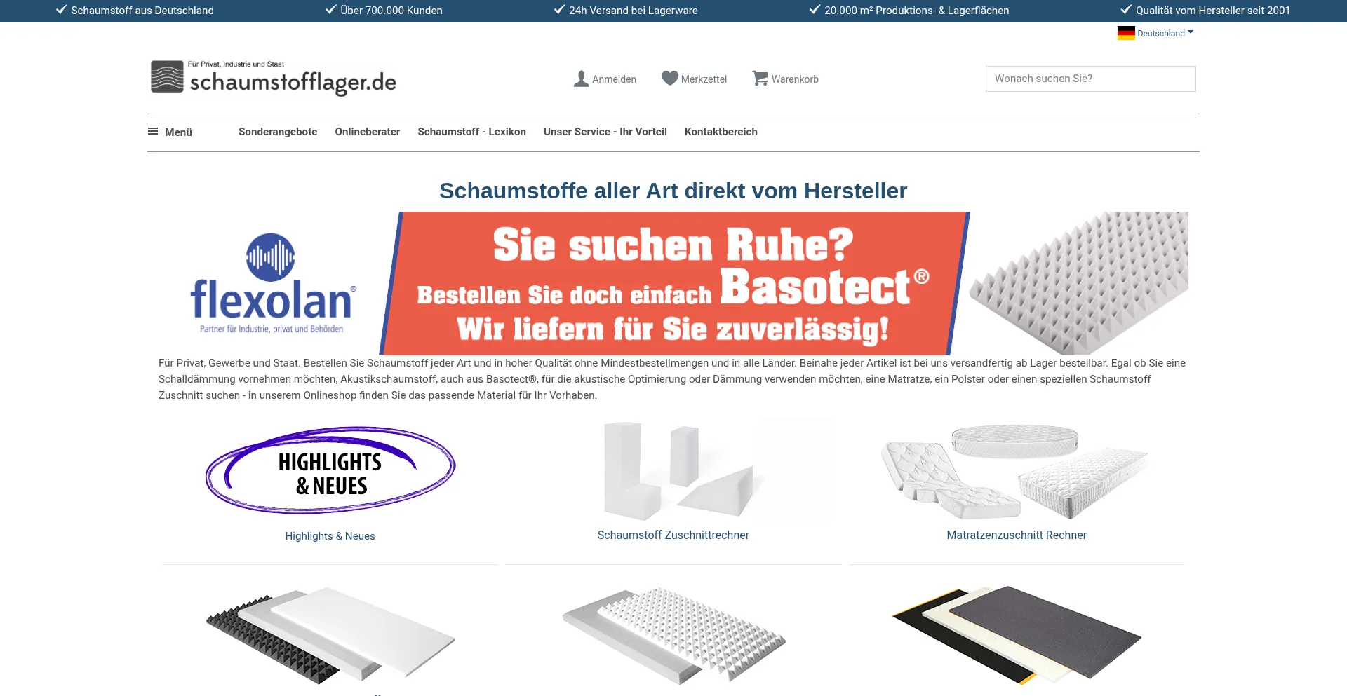 Website screenshot of Schaumstofflager.de