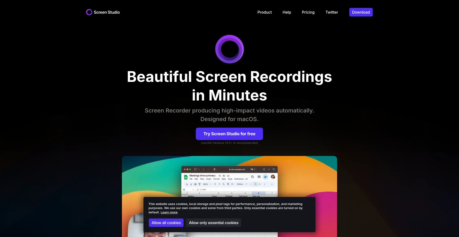 Website screenshot of Screen.studio