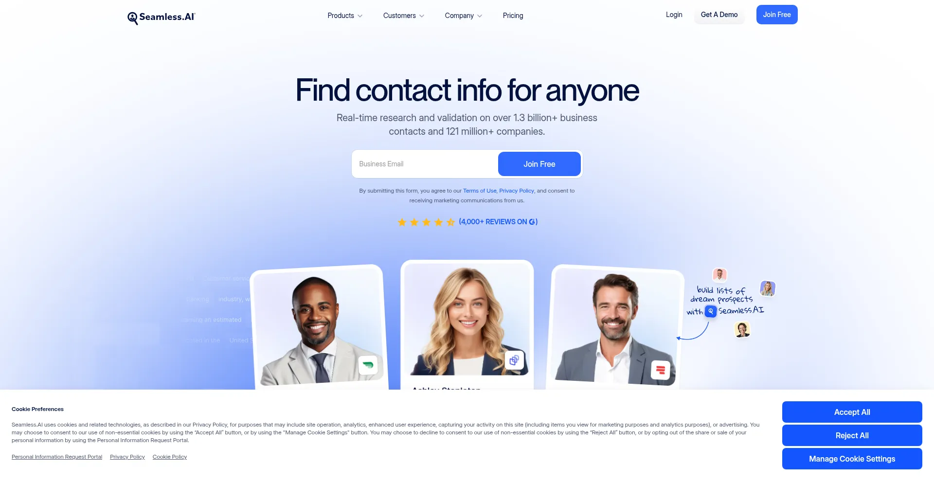 Website screenshot of Seamless.ai