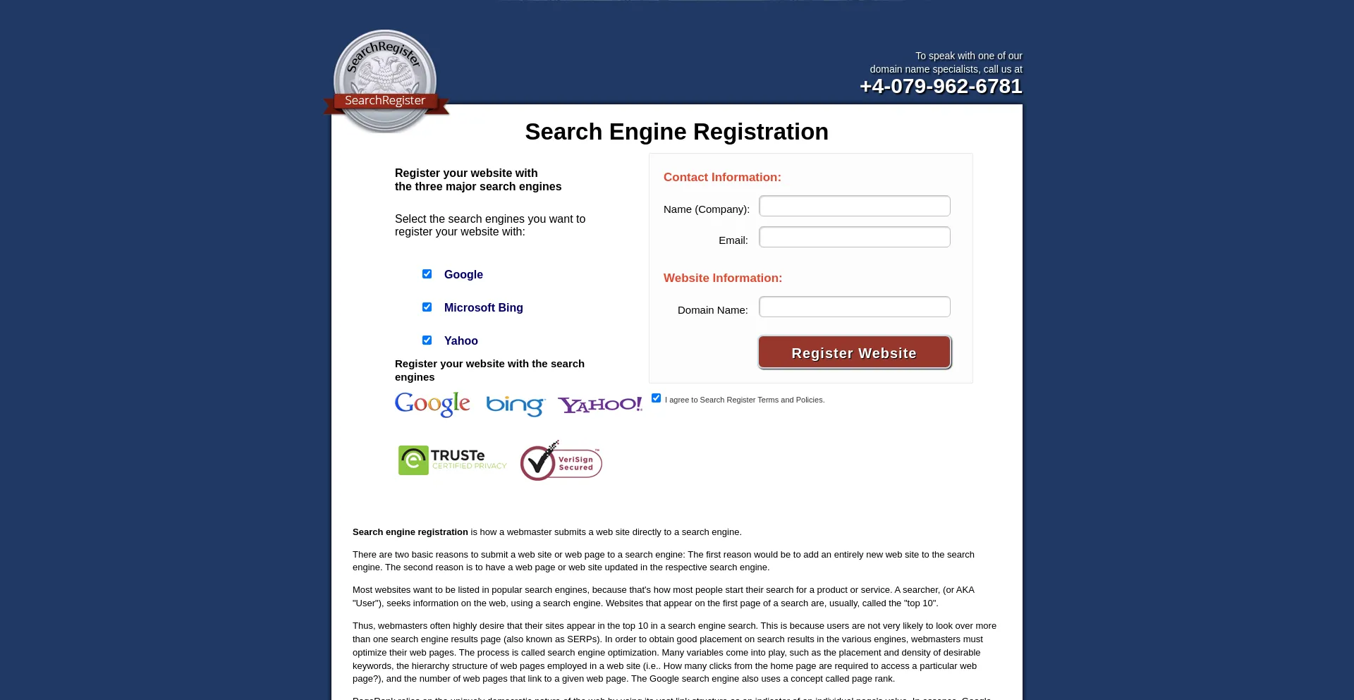Website screenshot of Searchregister.net