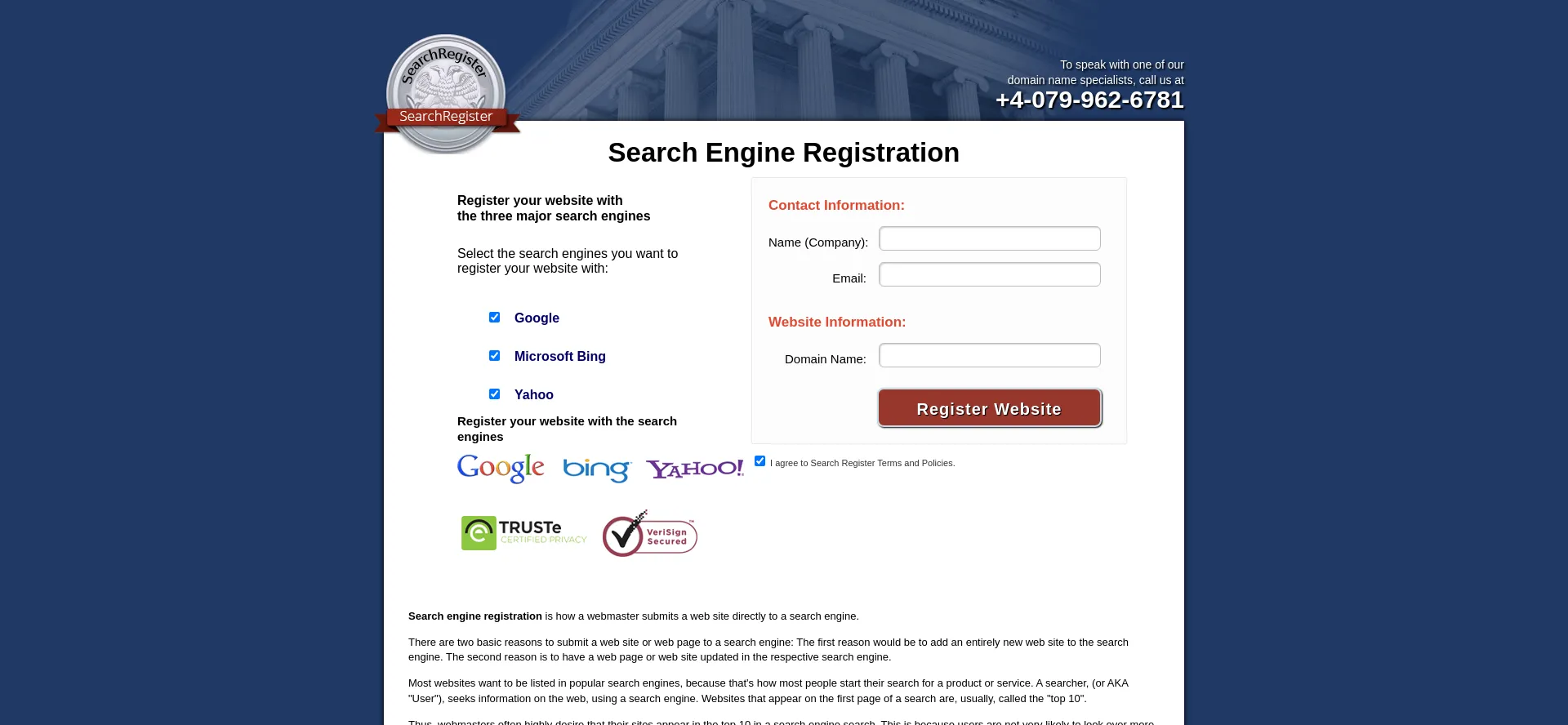 Website screenshot of Searchregister.org