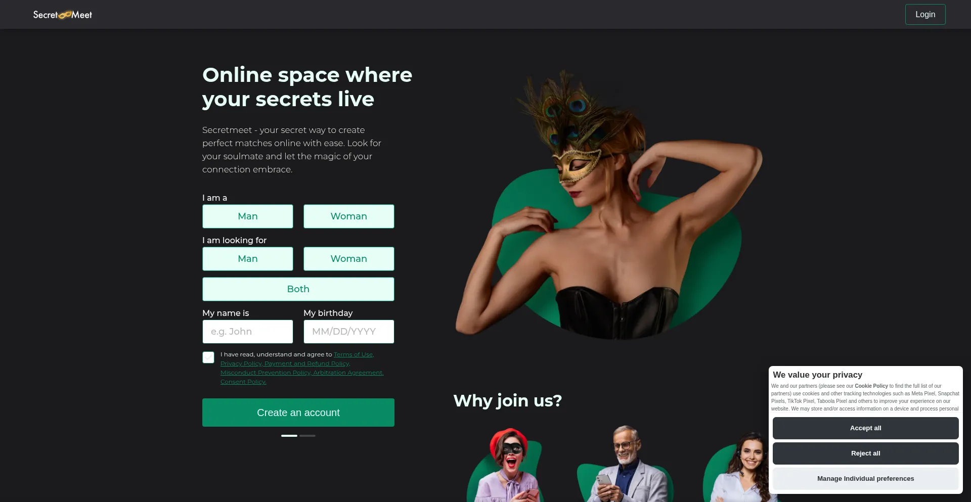 Website screenshot of Secretmeet.com