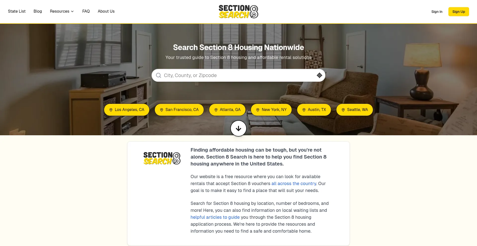 Website screenshot of Section8search.org