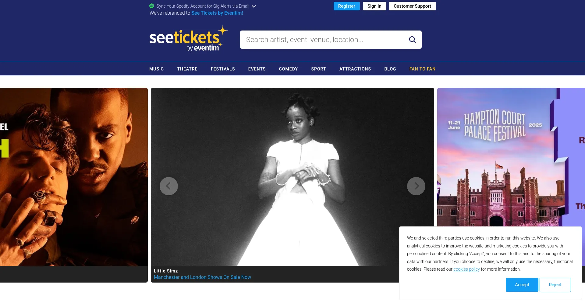 Website screenshot of Seetickets.com