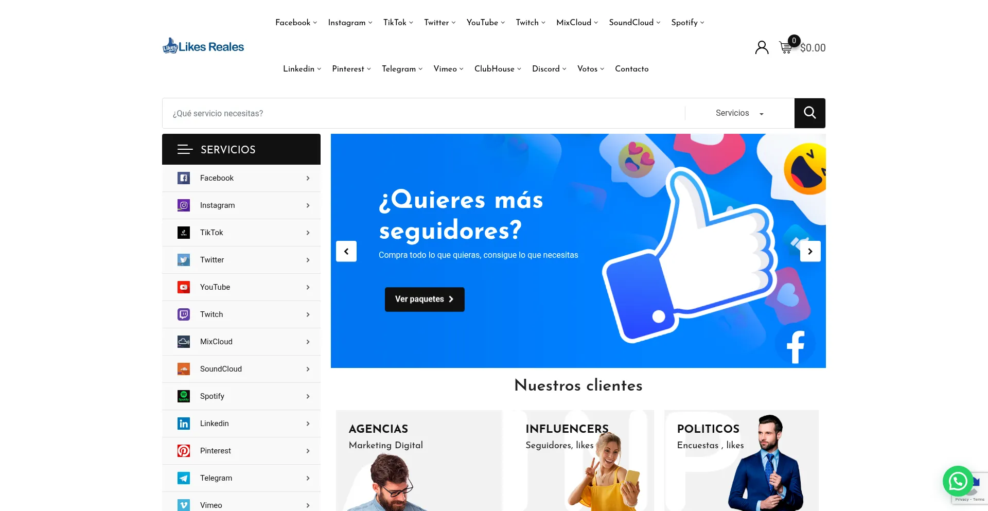 Website screenshot of Seguidoresylikesreales.com