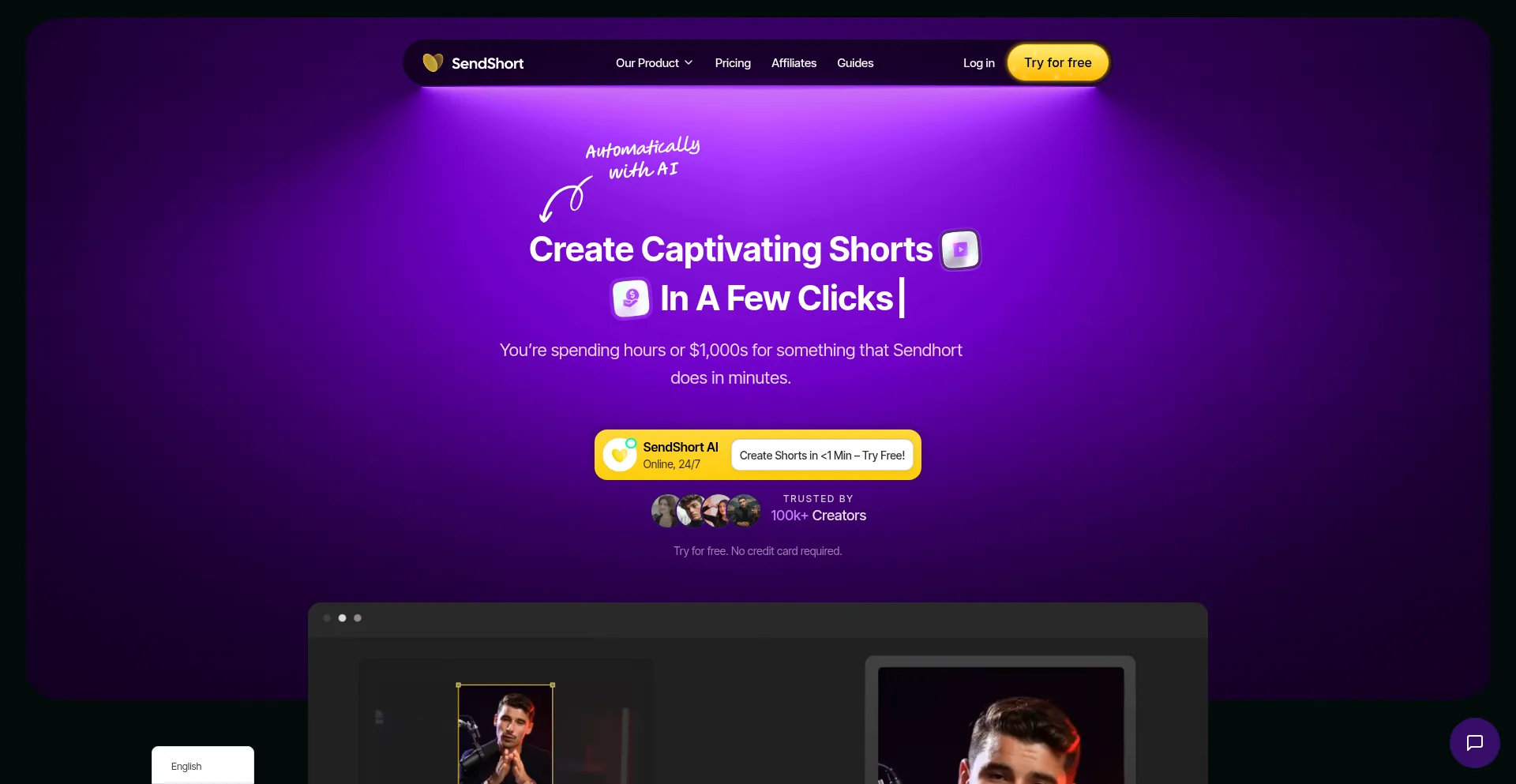 Website screenshot of Sendshort.ai