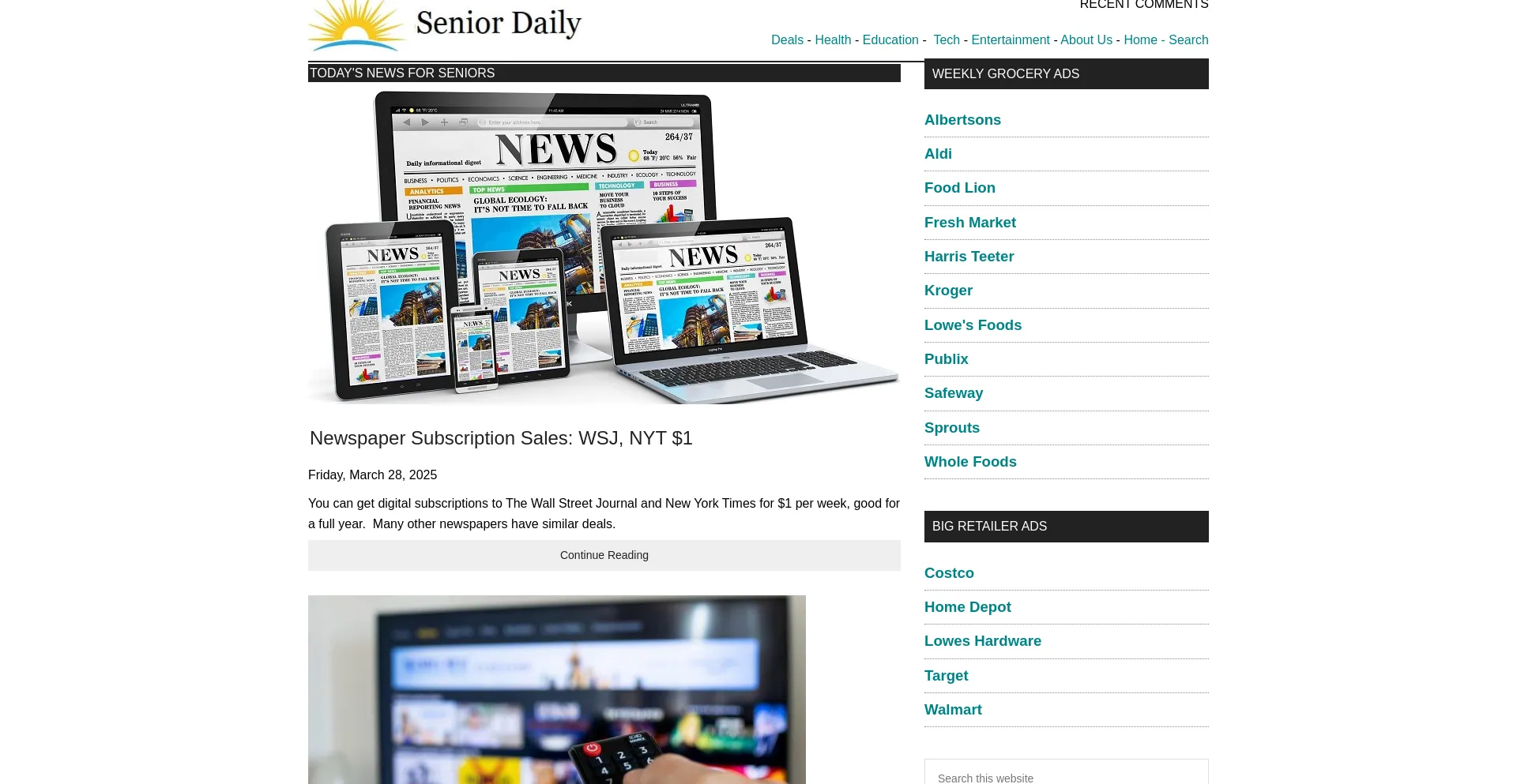 Website screenshot of Seniordaily.com
