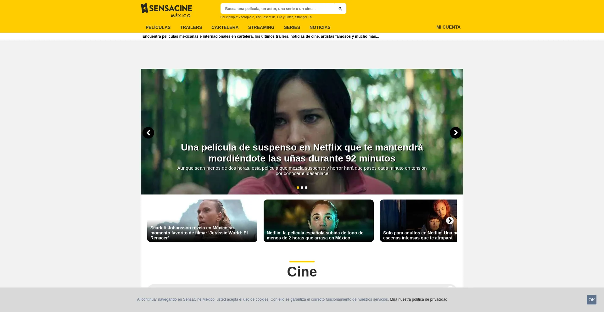 Website screenshot of Sensacine.com.mx