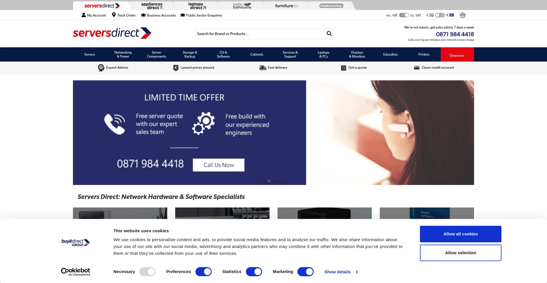Website screenshot of Serversdirect.co.uk