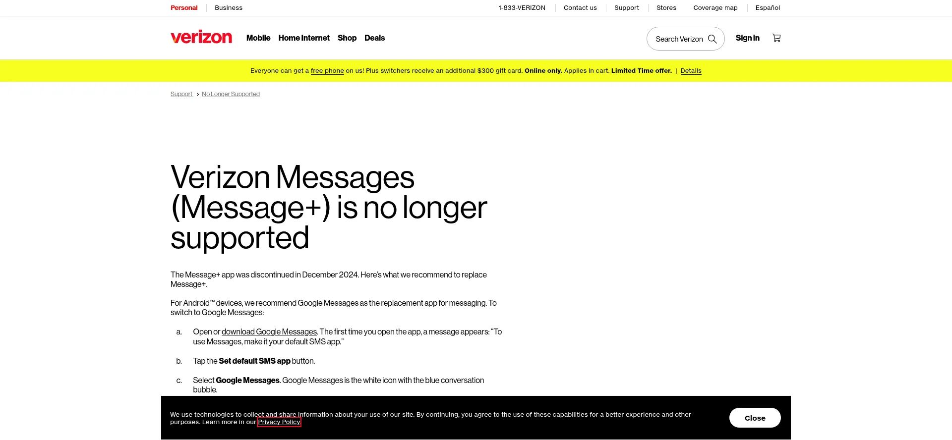 Website screenshot of Services.vma.vzw.com