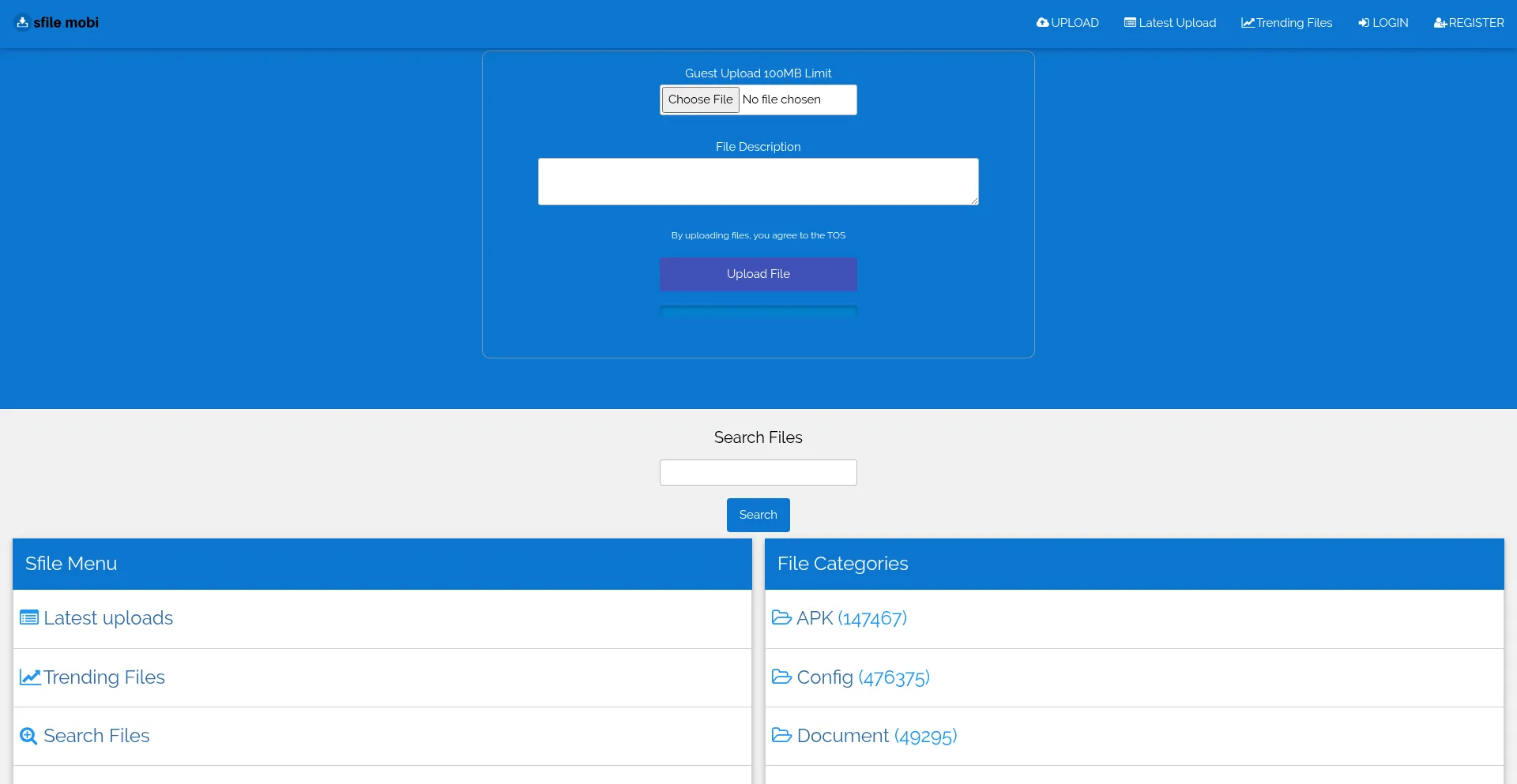 Website screenshot of Sfile.mobi