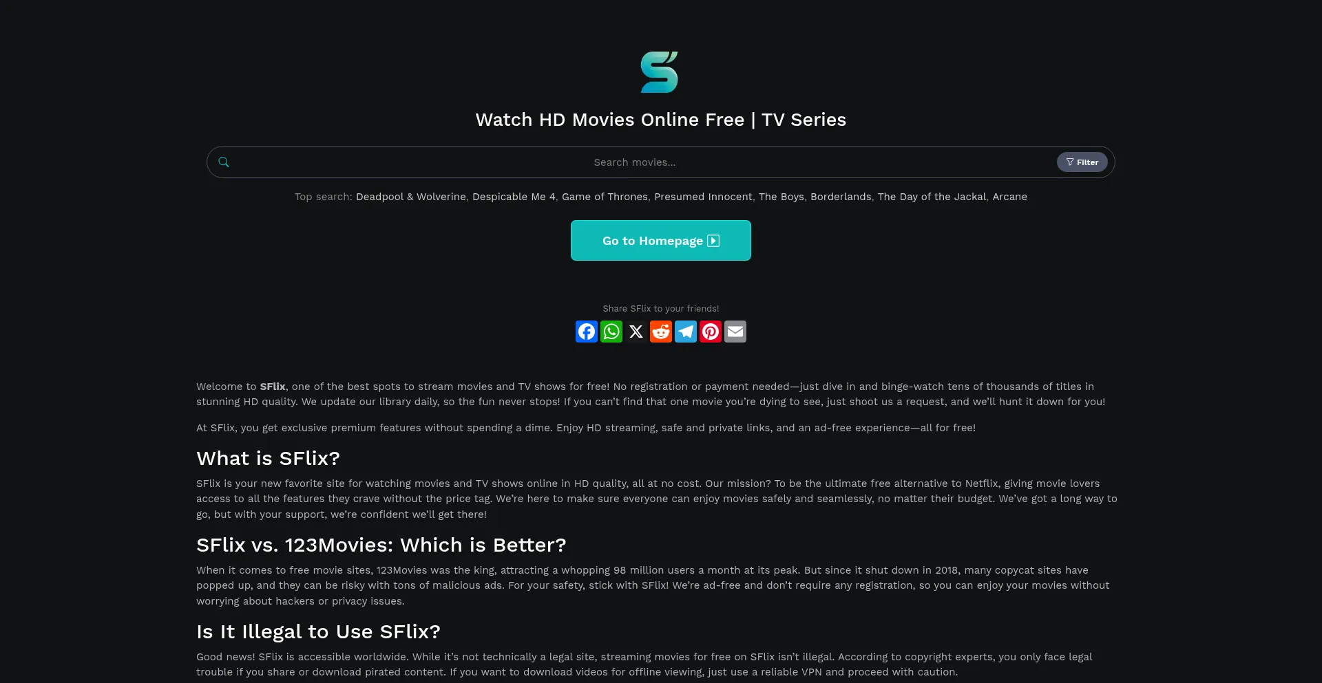 Website screenshot of Sflix2.me