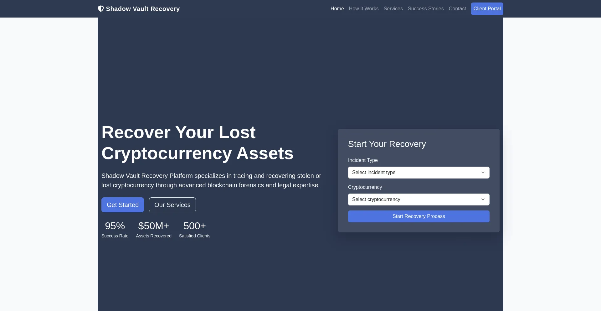 Website screenshot of Shadowvaultrecovery.com