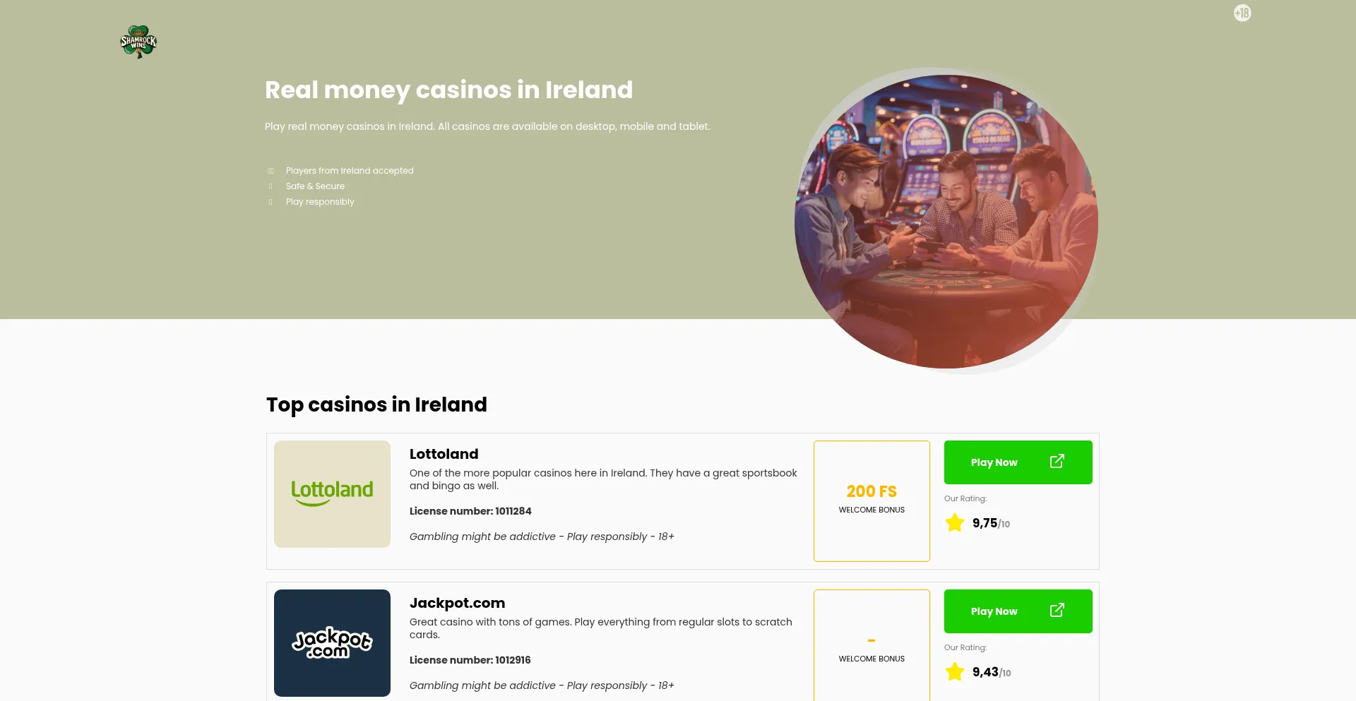 Website screenshot of Shamrockwins.com