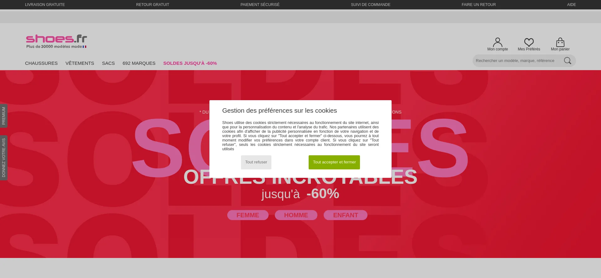 Website screenshot of Shoes.fr
