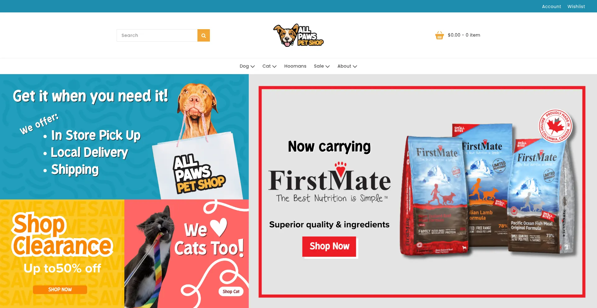 Website screenshot of Shopallpaws.com