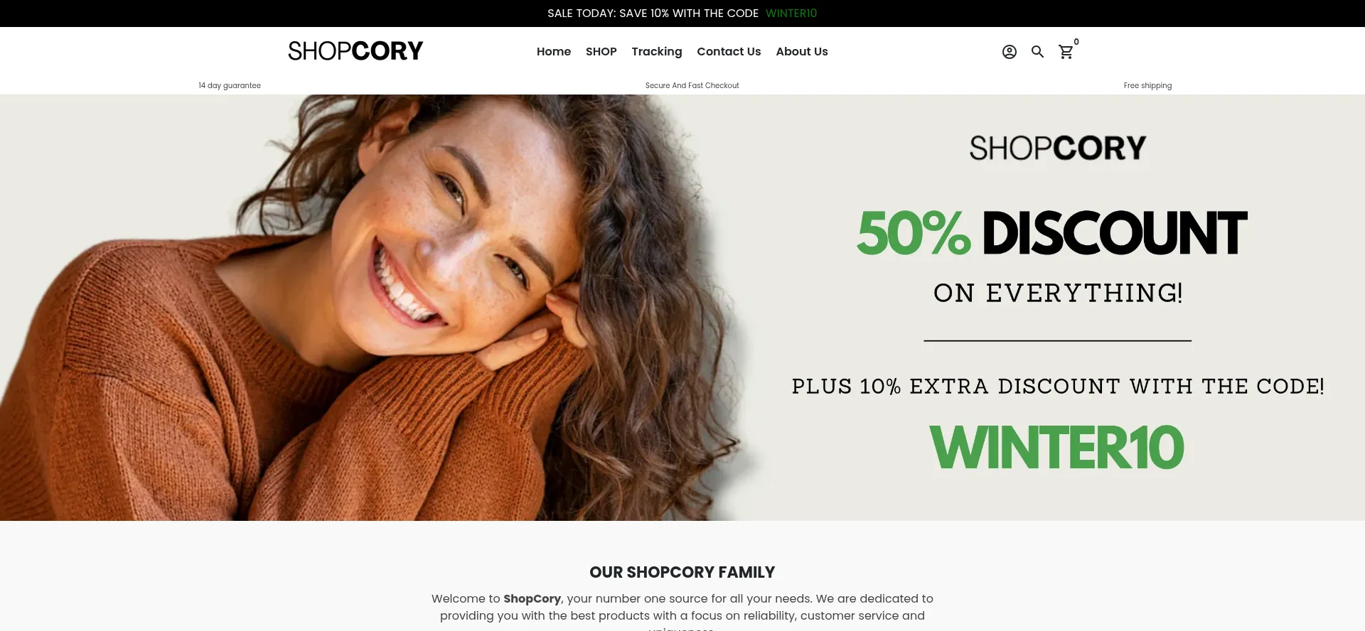 Website screenshot of Shopcory.com