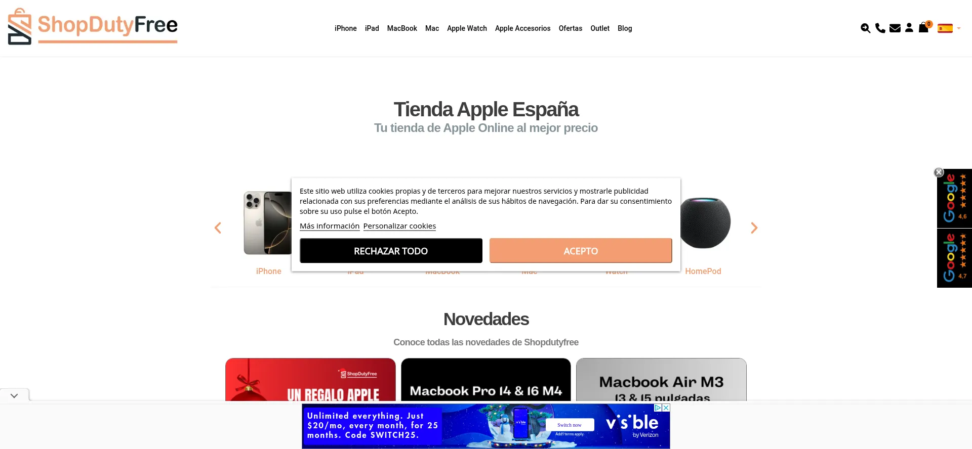 Website screenshot of Shopdutyfree.es