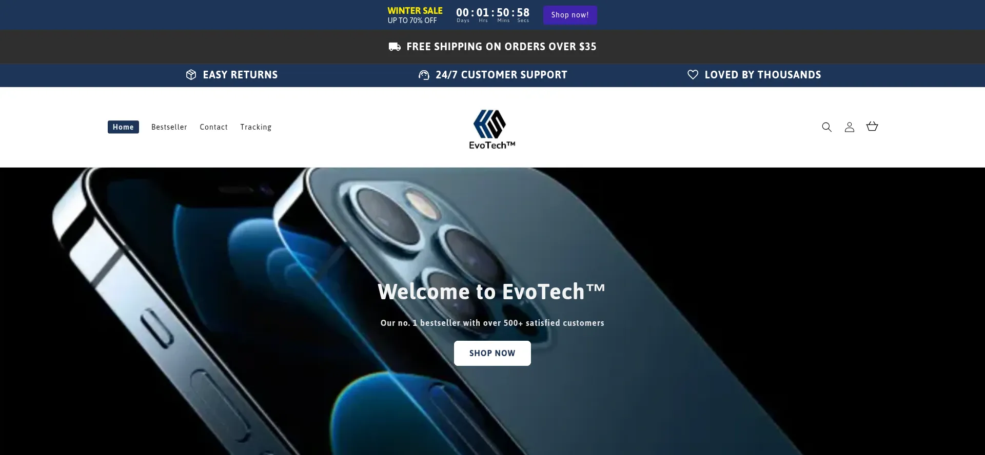 Website screenshot of Shopevotech.com