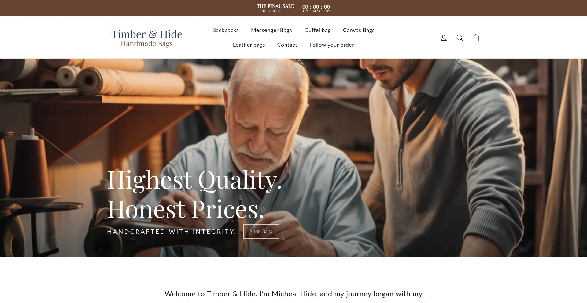 Website screenshot of Shoptimberhide.com