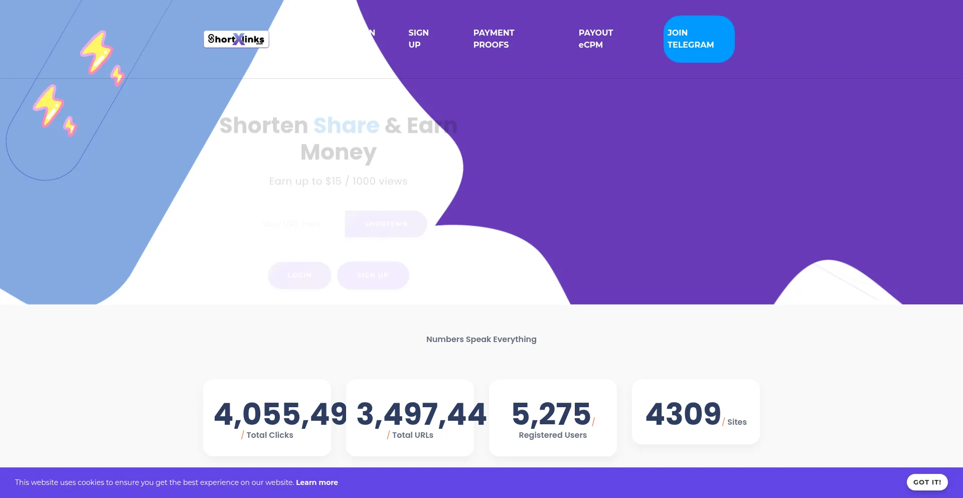 Website screenshot of Shortxlinks.com