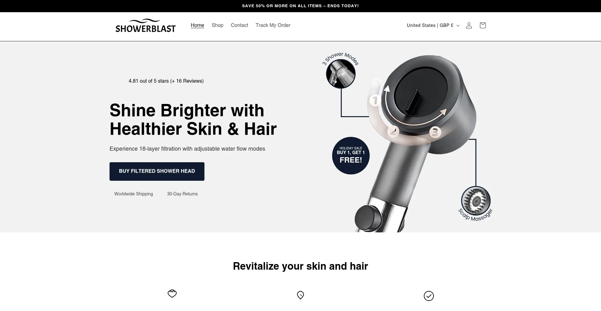 Website screenshot of Showerblast.com