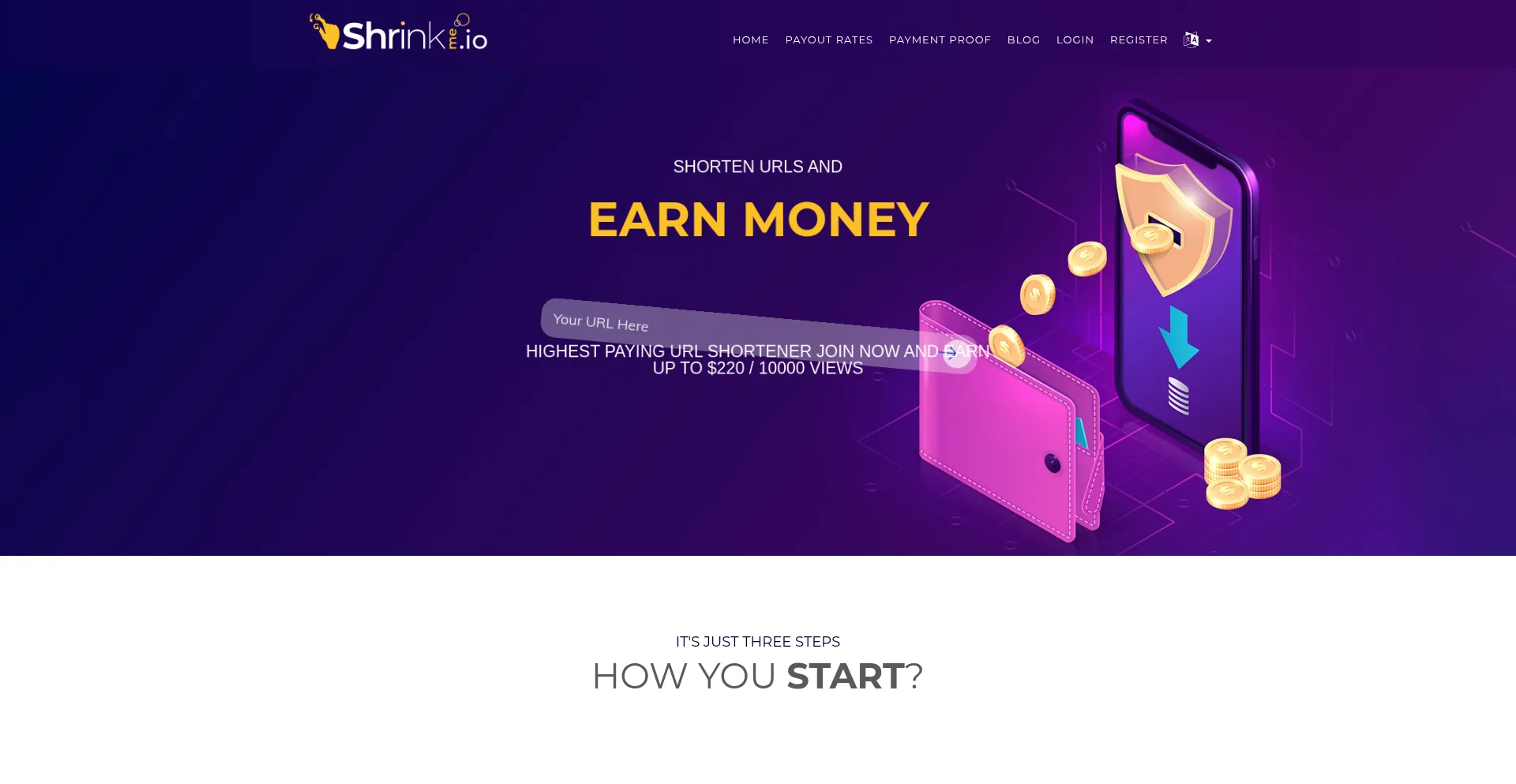 Website screenshot of Shrinkme.io