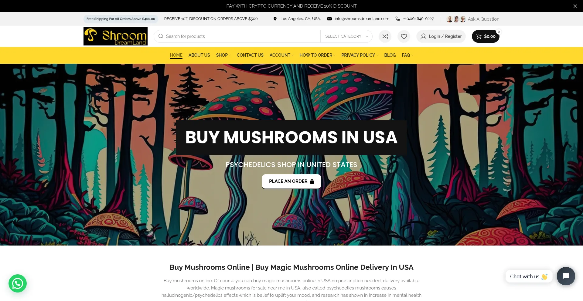 Website screenshot of Shroomsdreamland.com