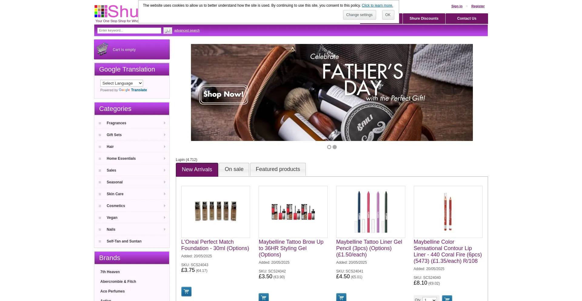 Website screenshot of Shure-cosmetics.co.uk
