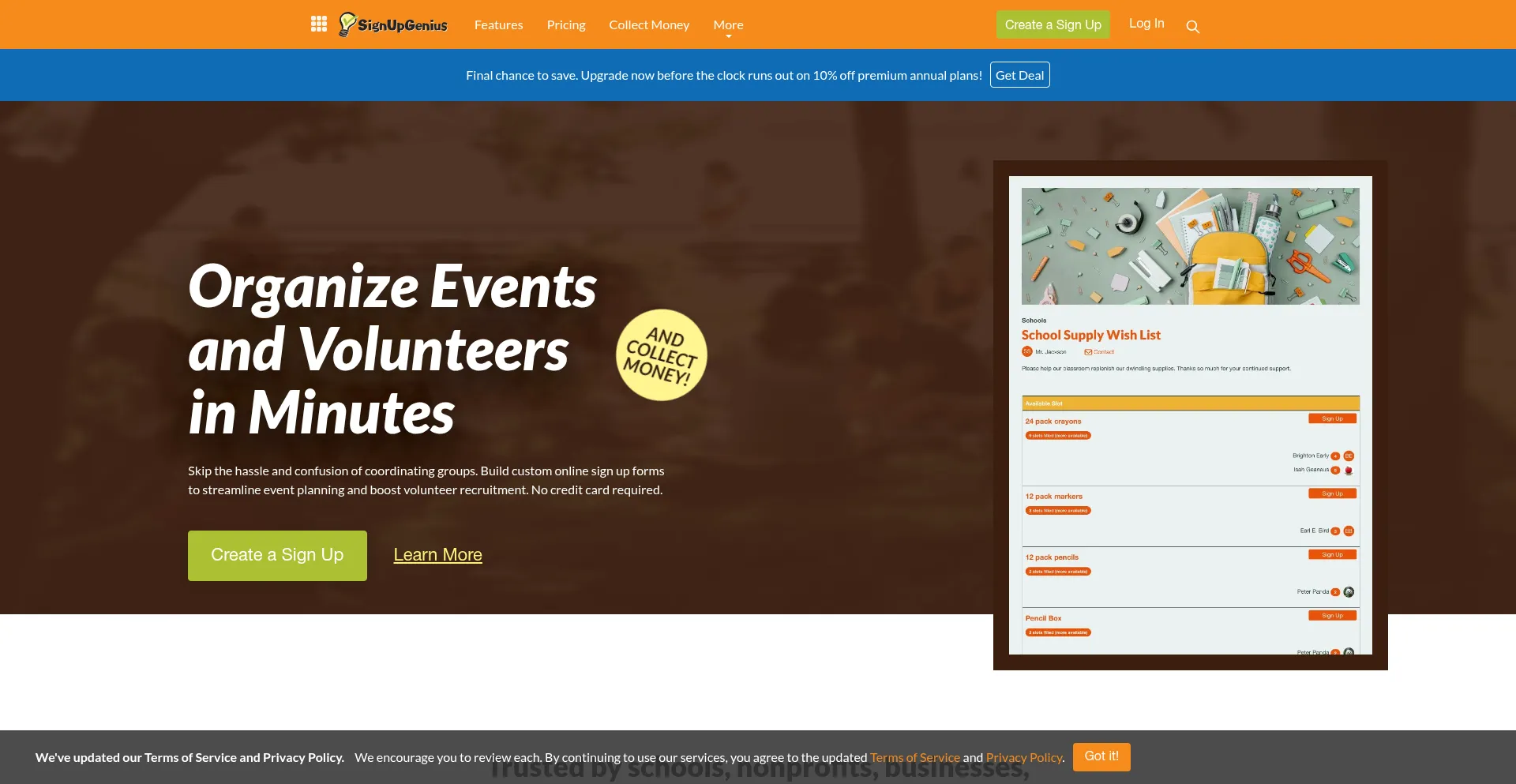 Website screenshot of Signupgenius.com