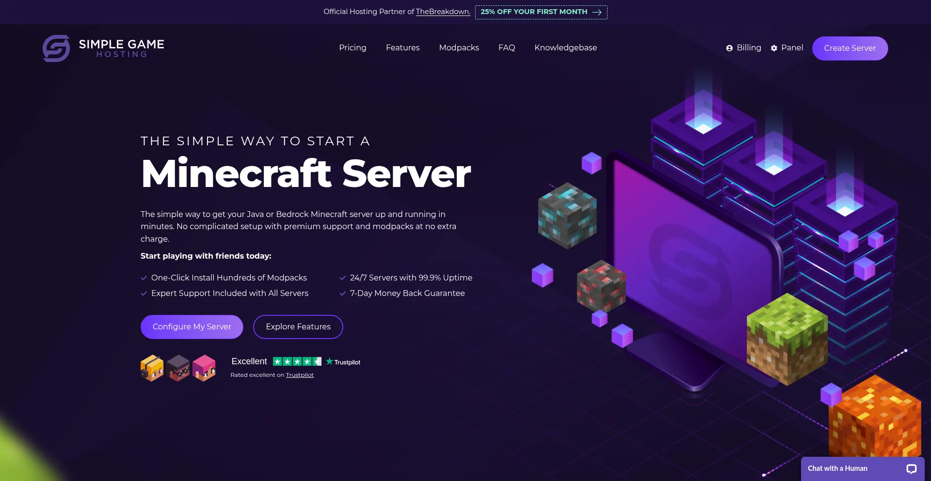 Website screenshot of Simplegamehosting.com