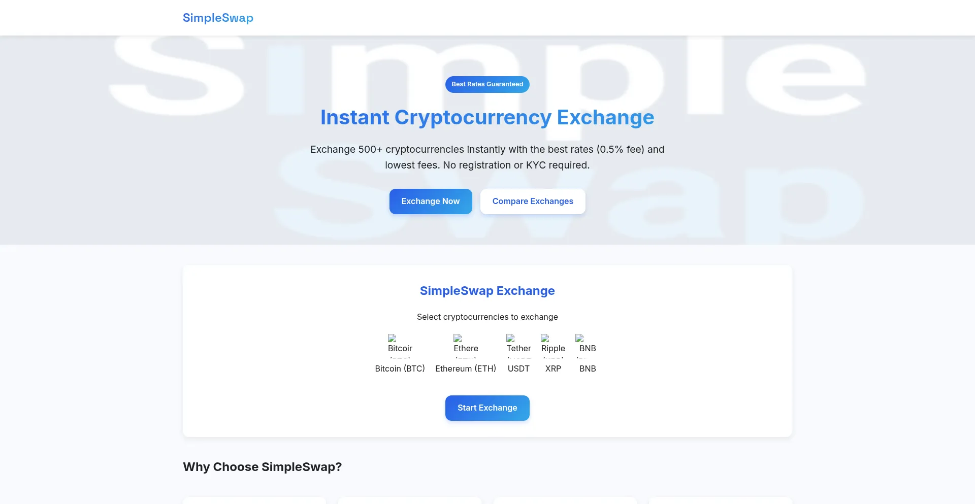Website screenshot of Simpleswap.to